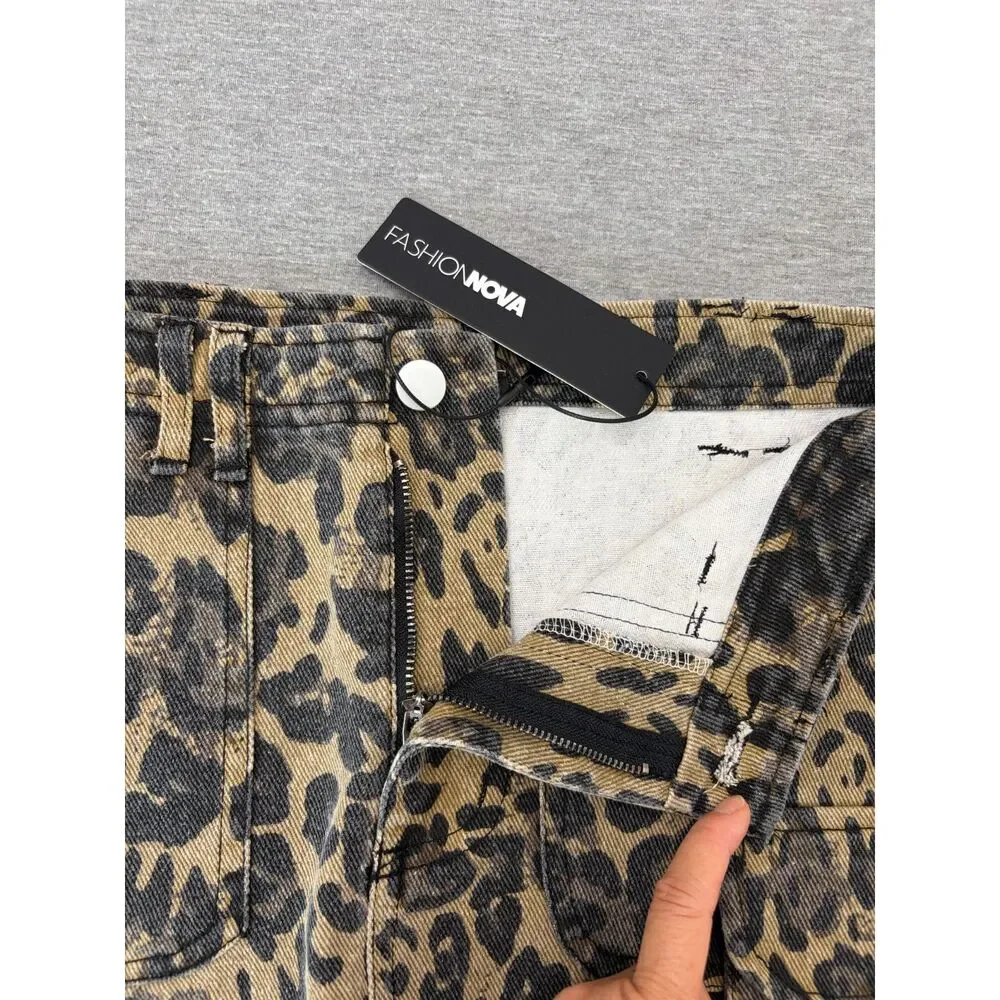 New Y2K Leopard Print Denim Micro Mini Skirt XS Cargo Utility Brown Indie Sleaze